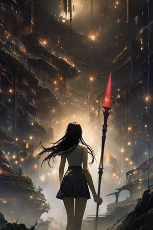 professional masterpiece, 8k, back view,1 girl , solo,hong kong school uniform, She brandishes her spear ready for battle,The tip of the spear flashed with black flames,There is a black flame on the tip of the spear,The dark surroundings accentuate the eerie ambiance, moody misty atmospherics, highres, best quality, dramatic, cinematic, epic, pantone analogue style, (concept art, digital art, realistic, dynamic, (curvilinear perspective), high view angle, establishing shot, low depth of field, tilt shift, iris blur, bokeh, sharp clarity, fine intricate details, great lighting, warm dappled soft lighting, volumetric lighting, detailed highlights, rim lighting, low-key,completely dark warehouse
,long hair ,perfect body,grace,frames in back colors 