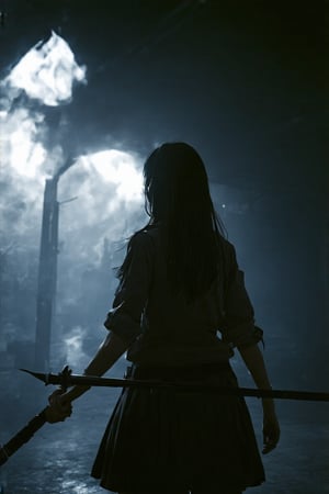 professional masterpiece, 8k, back view,1 girl , solo,hong kong school uniform, She brandishes her spear ready for battle,The tip of the spear flashed with black flames,There is a black flame on the tip of the spear,The dark surroundings accentuate the eerie ambiance, moody misty atmospherics, highres, best quality, dramatic, cinematic, epic, pantone analogue style, (concept art, digital art, realistic, dynamic, (curvilinear perspective), high view angle, establishing shot, low depth of field, tilt shift, iris blur, bokeh, sharp clarity, fine intricate details, great lighting, warm dappled soft lighting, volumetric lighting, detailed highlights, rim lighting, low-key,completely dark warehouse
,long hair ,perfect body,grace,Only the back is seen,cyberpunk,
professional masterpiece, 8k, moody misty atmospherics, highres, best quality, dramatic, cinematic, epic, pantone analogue style, (concept art, digital art, realistic, dynamic, (curvilinear perspective), establishing shot, low depth of field, tilt shift, iris blur, bokeh, sharp clarity, fine intricate details, great lighting, warm dappled soft lighting, volumetric lighting, detailed highlights, rim lighting, low-key, long hair ,perfect body