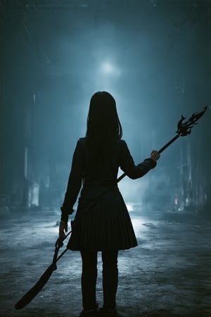 professional masterpiece, 8k, back view,1 girl , solo,hong kong school uniform, She brandishes her spear ready for battle,The tip of the spear flashed with black flames,There is a black flame on the tip of the spear,The dark surroundings accentuate the eerie ambiance, moody misty atmospherics, highres, best quality, dramatic, cinematic, epic, pantone analogue style, (concept art, digital art, realistic, dynamic, (curvilinear perspective), high view angle, establishing shot, low depth of field, tilt shift, iris blur, bokeh, sharp clarity, fine intricate details, great lighting, warm dappled soft lighting, volumetric lighting, detailed highlights, rim lighting, low-key,completely dark warehouse
,long hair ,perfect body,grace,Only the back is seen
