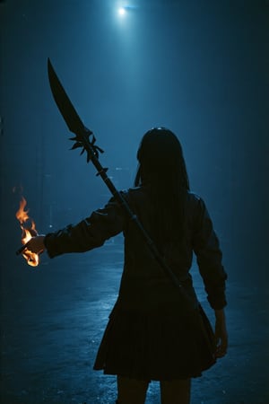 professional masterpiece, 8k, back view,1 girl , solo,hong kong school uniform, She brandishes her spear ready for battle,The tip of the spear flashed with black flames,There is a black flame on the tip of the spear,The dark surroundings accentuate the eerie ambiance, moody misty atmospherics, highres, best quality, dramatic, cinematic, epic, pantone analogue style, (concept art, digital art, realistic, dynamic, (curvilinear perspective), high view angle, establishing shot, low depth of field, tilt shift, iris blur, bokeh, sharp clarity, fine intricate details, great lighting, warm dappled soft lighting, volumetric lighting, detailed highlights, rim lighting, low-key,completely dark warehouse
,long hair ,perfect body,grace,Only the back is seen,cyberpunk,
professional masterpiece, 8k, moody misty atmospherics, highres, best quality, dramatic, cinematic, epic, pantone analogue style, (concept art, digital art, realistic, dynamic, (curvilinear perspective), establishing shot, low depth of field, tilt shift, iris blur, bokeh, sharp clarity, fine intricate details, great lighting, warm dappled soft lighting, volumetric lighting, detailed highlights, rim lighting, low-key, long hair ,perfect body