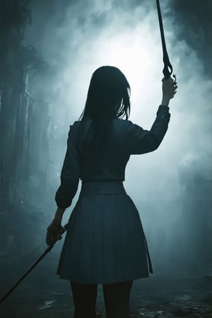 professional masterpiece, 8k, back view,1 girl , solo,hong kong school uniform, She brandishes her spear ready for battle,The tip of the spear flashed with black flames,There is a black flame on the tip of the spear,The dark surroundings accentuate the eerie ambiance, moody misty atmospherics, highres, best quality, dramatic, cinematic, epic, pantone analogue style, (concept art, digital art, realistic, dynamic, (curvilinear perspective), high view angle, establishing shot, low depth of field, tilt shift, iris blur, bokeh, sharp clarity, fine intricate details, great lighting, warm dappled soft lighting, volumetric lighting, detailed highlights, rim lighting, low-key,completely dark warehouse
,long hair ,perfect body,grace,Only the back is seen
