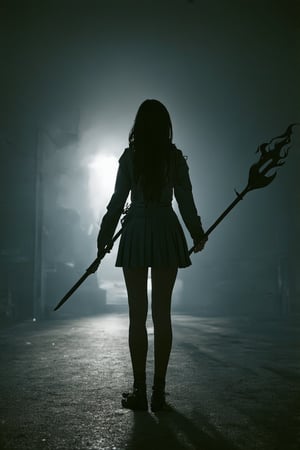 professional masterpiece, 8k, back view,1 girl , solo,hong kong school uniform, She brandishes her spear ready for battle,The tip of the spear flashed with black flames,There is a black flame on the tip of the spear,The dark surroundings accentuate the eerie ambiance, moody misty atmospherics, highres, best quality, dramatic, cinematic, epic, pantone analogue style, (concept art, digital art, realistic, dynamic, (curvilinear perspective), high view angle, establishing shot, low depth of field, tilt shift, iris blur, bokeh, sharp clarity, fine intricate details, great lighting, warm dappled soft lighting, volumetric lighting, detailed highlights, rim lighting, low-key,completely dark warehouse
,long hair ,perfect body,grace,Only the back is seen
