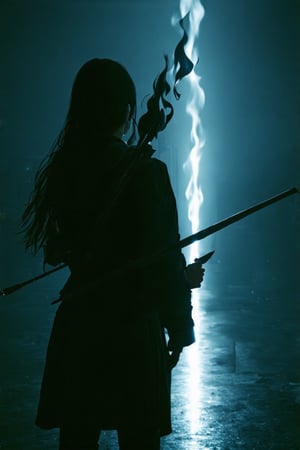 professional masterpiece, 8k, back view,1 girl , solo,hong kong school uniform, She brandishes her spear ready for battle,The tip of the spear flashed with black flames,There is a black flame on the tip of the spear,The dark surroundings accentuate the eerie ambiance, moody misty atmospherics, highres, best quality, dramatic, cinematic, epic, pantone analogue style, (concept art, digital art, realistic, dynamic, (curvilinear perspective), high view angle, establishing shot, low depth of field, tilt shift, iris blur, bokeh, sharp clarity, fine intricate details, great lighting, warm dappled soft lighting, volumetric lighting, detailed highlights, rim lighting, low-key,completely dark warehouse
,long hair ,perfect body,grace,Only the back is seen,cyberpunk,
professional masterpiece, 8k, moody misty atmospherics, highres, best quality, dramatic, cinematic, epic, pantone analogue style, (concept art, digital art, realistic, dynamic, (curvilinear perspective), establishing shot, low depth of field, tilt shift, iris blur, bokeh, sharp clarity, fine intricate details, great lighting, warm dappled soft lighting, volumetric lighting, detailed highlights, rim lighting, low-key, long hair ,perfect body