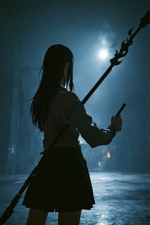 professional masterpiece, 8k, back view,1 girl , solo,hong kong school uniform, She brandishes her spear ready for battle,The tip of the spear flashed with black flames,There is a black flame on the tip of the spear,The dark surroundings accentuate the eerie ambiance, moody misty atmospherics, highres, best quality, dramatic, cinematic, epic, pantone analogue style, (concept art, digital art, realistic, dynamic, (curvilinear perspective), high view angle, establishing shot, low depth of field, tilt shift, iris blur, bokeh, sharp clarity, fine intricate details, great lighting, warm dappled soft lighting, volumetric lighting, detailed highlights, rim lighting, low-key,completely dark warehouse
,long hair ,perfect body,grace,Only the back is seen,cyberpunk