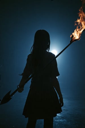 professional masterpiece, 8k, back view,1 girl , solo,hong kong school uniform, She brandishes her spear ready for battle,The tip of the spear flashed with black flames,There is a black flame on the tip of the spear,The dark surroundings accentuate the eerie ambiance, moody misty atmospherics, highres, best quality, dramatic, cinematic, epic, pantone analogue style, (concept art, digital art, realistic, dynamic, (curvilinear perspective), high view angle, establishing shot, low depth of field, tilt shift, iris blur, bokeh, sharp clarity, fine intricate details, great lighting, warm dappled soft lighting, volumetric lighting, detailed highlights, rim lighting, low-key,completely dark warehouse
,long hair ,perfect body,grace,Only the back is seen,cyberpunk,
professional masterpiece, 8k, moody misty atmospherics, highres, best quality, dramatic, cinematic, epic, pantone analogue style, (concept art, digital art, realistic, dynamic, (curvilinear perspective), establishing shot, low depth of field, tilt shift, iris blur, bokeh, sharp clarity, fine intricate details, great lighting, warm dappled soft lighting, volumetric lighting, detailed highlights, rim lighting, low-key, long hair ,perfect body