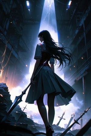 professional masterpiece, 8k, back view,1 girl , solo,hong kong school uniform, She brandishes her spear ready for battle,The tip of the spear flashed with black flames,There is a black flame on the tip of the spear,The dark surroundings accentuate the eerie ambiance, moody misty atmospherics, highres, best quality, dramatic, cinematic, epic, pantone analogue style, (concept art, digital art, realistic, dynamic, (curvilinear perspective), high view angle, establishing shot, low depth of field, tilt shift, iris blur, bokeh, sharp clarity, fine intricate details, great lighting, warm dappled soft lighting, volumetric lighting, detailed highlights, rim lighting, low-key,completely dark warehouse
,long hair ,perfect body,grace,frames in back colors 