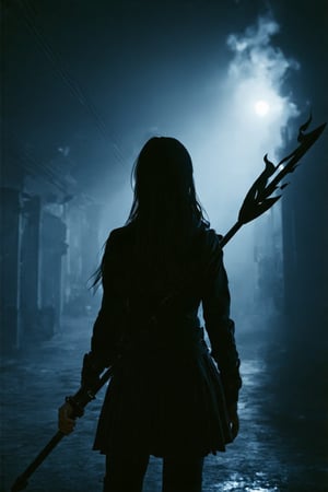 professional masterpiece, 8k, back view,1 girl , solo,hong kong school uniform, She brandishes her spear ready for battle,The tip of the spear flashed with black flames,There is a black flame on the tip of the spear,The dark surroundings accentuate the eerie ambiance, moody misty atmospherics, highres, best quality, dramatic, cinematic, epic, pantone analogue style, (concept art, digital art, realistic, dynamic, (curvilinear perspective), high view angle, establishing shot, low depth of field, tilt shift, iris blur, bokeh, sharp clarity, fine intricate details, great lighting, warm dappled soft lighting, volumetric lighting, detailed highlights, rim lighting, low-key,completely dark warehouse
,long hair ,perfect body,grace,Only the back is seen,cyberpunk,
professional masterpiece, 8k, moody misty atmospherics, highres, best quality, dramatic, cinematic, epic, pantone analogue style, (concept art, digital art, realistic, dynamic, (curvilinear perspective), establishing shot, low depth of field, tilt shift, iris blur, bokeh, sharp clarity, fine intricate details, great lighting, warm dappled soft lighting, volumetric lighting, detailed highlights, rim lighting, low-key, long hair ,perfect body