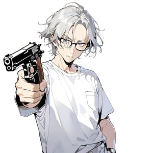 solo, man, 50-year-old man, wearing black-rimmed glasses, short gray-white hair, focused expression, standing sideways 
 left hand in pocket, right hand extend forward and holding a gun 

white t-shirt, long black pands

simple white background

front view, pointing at viewers

4k, masterpiece, high quality, ultra detailed, aesthetic
