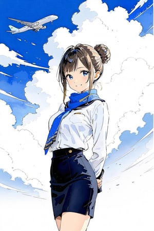 solo girl, flight attendant, warm smile, standing 
classic uniform, tailored jacket, pencil skirt, white blouse, neck scarf
Bun hair
Soft dreamy color background 
4k, high quality, masterpiece, ultra detailed, aesthetic 

blue sky, white cloud