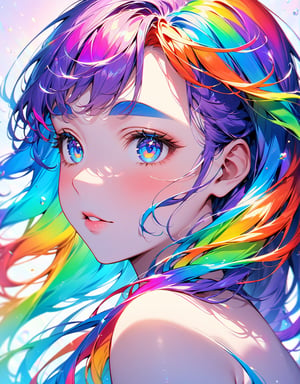 This beautiful girl has stunning rainbow-colored hair, with strands as vibrant as a rainbow, ranging from bright red and orange to fresh blue and purple, as if a rainbow has descended upon her head. Her skin is fair and delicate, her features are refined and gentle, with a small nose, full lips, and fine, soft eyebrows. Her large, bright eyes, with irises that change colors, echo the hues of her rainbow hair. This beautiful girl has stunning rainbow-colored hair, with strands as vibrant as a rainbow, ranging from bright red and orange to fresh blue and purple, as if a rainbow has descended upon her head. Her skin is fair and delicate, her features are refined and gentle, with a small nose, full lips, and fine, soft eyebrows. Her large, bright eyes, with irises that change colors, echo the hues of her rainbow hair.
face close up 
8k, masterpiece, high quality, ultra detail 