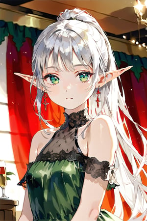 solo, girl, elf, Frieren
silver long hair
ponytail
green_pupils, bright_pupils
red earrings 

dress
bare_shoulder
small_chest

look at viewers

party background
indoor
4k, masterpiece, highquality, ultra detailed,
aesthetic 