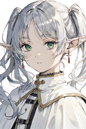 solo, girl, elf, Frieren
silver long hair
twintail
green pupils, bright pupils
white cape

portrait

4k, masterpiece, highquality, ultra detailed, aesthetic