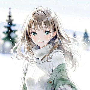 Solo girl, shoulder-length straight hair, chestnut hair, natural skin, green eyes, warm smile, wearing white turtleneck sweater, light gray wool scarf, background is soft dreamy colors, slightly blurred. 8k, high quality, masterpiece, aesthetic, ultra detailed.

snow background