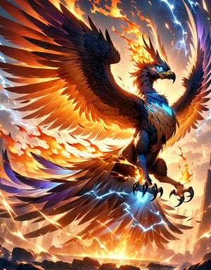 A majestic Wind-Fire-Thunder Gryphon soaring through the twilight sky. Its wings are wide and powerful, with feathers shimmering in silver and light blue, representing the wind element. Among them are fiery red and orange feathers with burning edges. Deep blue and purple feathers have faint electric sparks.
 Its eyes glow with golden or electric blue light, full of wisdom and authority. 
Black claws occasionally crackle with electricity, and its dark silver curved beak is strong. The tail feathers end in a flame-like shape, flickering with sparks and embers.
masterpiece, 4k, high quality