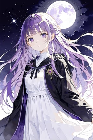 solo , girl , 
purple_hair, straight_hair, blunt_bangs,
half up hair
purple_bright_eyes, solid_eyes
white_long_skirt, black_robe
full_brest

4k, masterpiece, best_quality, ultra_detailed,
aesthetic
one big moon
night_background

portrait

arms_behind_back
