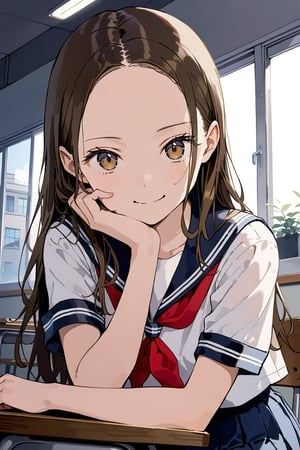 1girl, solo, long hair, brown hair, parted bangs, forehead, brown pupils, 
serafuku, sailor collar, red neckerchief, white shirt, short sleeves, pleated skirt, blue skirt, classroom, sitting, on chair, from side, looking at viewer, hand on own face, desk, smile, elbow on desk,

4k, masterpiece, high quality, ultra detailed, aesthetic
