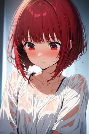 
1girl, solo, kana arima, red hair, short hair, bob cut, bangs, attractive red eyes, beautiful face, highschool girl, 16years-old
 

4k, masterpiece, ultra detailed, high quality

The white clothing is soaked through, clinging to the skin and making it visible beneath

Shy, looking down