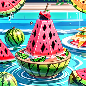 food, water, blurry, no humans, fruit, water drop, splashing, watermelon, food focus, still life,ANIME 