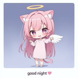 ((LINE stamp style)),flat illustration, anime, bright, cute, small, 1 girlish boy, pink hair, long hair, cat ears, cat tail, angel wing, halo,(Show text "good night 🌙")