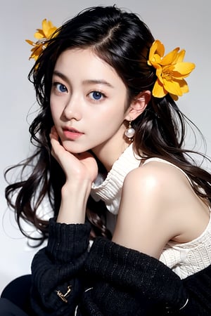 Masterpiece, best quality, official art, highly realistic, (masterpiece), (best quality), (1girl, most beautiful korean girl, Korean beauty model, stunningly beautiful girl, gorgeous girl, 20yo, over sized eyes, big eyes, smiling, looking at viewer), black big eyes, bangs, (powder blusher), shoulder length hair, yellow hair, flower hair clips, (blue sweater, shirt collar), small chest, pink shoulder bag, Upper body close-up with white background,Daofa Rune,Fashion Style, ,masterpiece