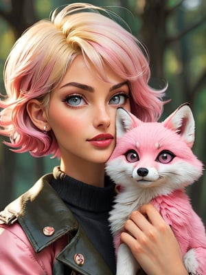 short hair blond woman holding a pink fox