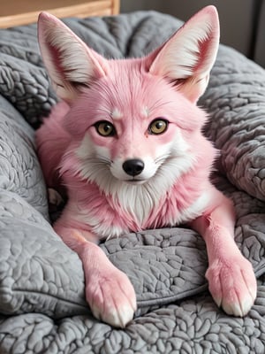 a pink fox laying in a grey dog bed, fennec ears