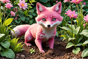 a pink fox digging a hole in a garden, mischievous