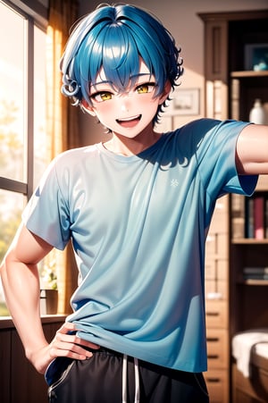 masterpiece, 1boy, young male, light blue colored hair, curly short hair, yellow eyes, pale skin, skinny body, black t-shirt, he has a warm smile on his face