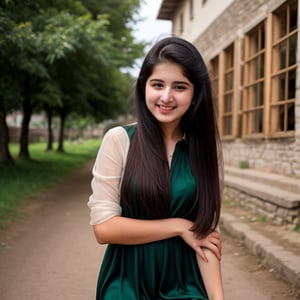 beautiful cute young attractive teenage girl, village girl, 18 years old, cute, both eyes equally straight futuring Rabi Pirzada,black hair, colorful hair, dacing,  fields.Both hands on the waist, sitting in Green fields ,realistic, portrait, , hairstyle smiling face,  Silk chiffon dress, wide shot Green fields 