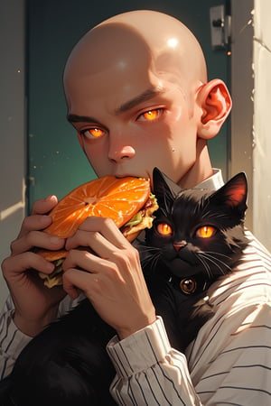 solo, looking at viewer, blush, short hair, shirt, long sleeves, 1boy, holding, upper body, male focus, food, striped, orange eyes, eating, cat, holding food, glowing eyes, striped shirt, food on face, bald, very short hair, black cat, buzz cut