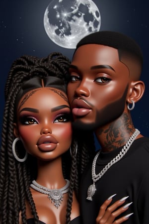 1girl, dreadlocks, 1boy, earrings, jewelry, dark skin, moon, black hair, motor vehicle, hoop earrings