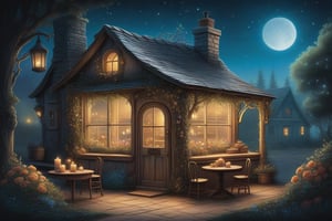 Create a digital painting of a tiny Cottagecore bakery at night, illuminated by moonlight and flickering candles on a rustic wooden table. The kitchen is adorned with floral decorations, featuring intricate filigree and greenery. The scene is rendered in the style of Thomas Kinkade and Jean-Baptiste Monge, with vibrant, mystical colors and ultra-detailed, almost storybook-like illustrations. The window offers a glimpse of the night sky, adding a mysterious, fairytale atmosphere. The artwork is reminiscent of Craola, Dan Mumford, and Andy Kehoe, with a 2D, flat, and vintage charm, set on a cracked paper background.