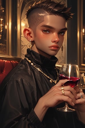 solo, looking at viewer, short hair, 1boy, holding, brown eyes, jewelry, upper body, male focus, earrings, dark skin, necklace, cup, lips, dark-skinned male, ring, holding cup, alcohol, drinking glass, freckles, wine glass, very short hair, wine, buzz cut