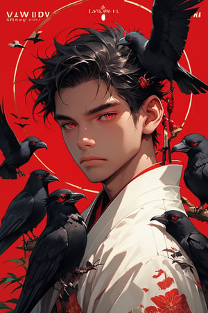 solo, black hair, red eyes, 1boy, closed mouth, upper body, male focus, japanese clothes, artist name, bird, animal, red background, crow, bird on shoulder, flock