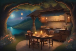 Create a cozy Cottagecore bakery scene at night, illuminated by moonlight and flickering candles on a rustic wooden table. The kitchen is adorned with floral decorations, intricate filigree, and lush greenery. The style blends Thomas Kinkade's luminism with Jean-Baptiste Monge's whimsical details, featuring a window view with mystical elements. The artwork is reminiscent of Dan Mumford and Andy Kehoe's vibrant, detailed illustrations, set on a vintage, cracked paper backdrop. The scene is cinematic, ultra-detailed, and captures the essence of a fairytale storybook, with a touch of 2D flatness for a cute, adorable aesthetic.