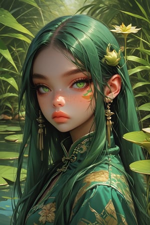 1girl, solo, long hair, looking at viewer, closed mouth, green eyes, upper body, green hair, artist name, water, lips, eyelashes, animal, leaf, facial mark, expressionless, chinese clothes, portrait, freckles, snake, straight-on, green theme, lily pad