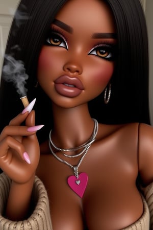 1girl, jewelry, cigarette, dark skin, solo, dark-skinned female, earrings, brown eyes, heart, necklace