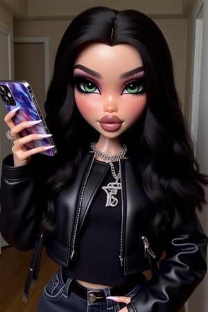 phone, 1girl, green eyes, black hair, cellphone, leather jacket, long hair, holding phone, makeup, jacket