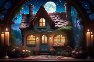 Create a digital art piece in the style of Thomas Kinkade and Jean-Baptiste Monge, featuring a very small Cottagecore bakery at night. The kitchen is adorned with floral decorations, intricate filigree, and greenery. A moonlit window casts a soft glow, illuminating a table set with candles. The scene is vibrant with mystical, luminism-inspired colors, detailed with glittering accents and tiny, beautiful details. The composition includes a cracked paper texture, enhancing the vintage, fairytale atmosphere. The artwork combines influences from Craola, Dan Mumford, Andy Kehoe, and a 2D, flat aesthetic, making it both cute and adorable, yet highly detailed and cinematic.