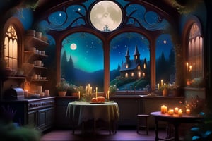 Create a digital art piece in the style of Thomas Kinkade and Jean-Baptiste Monge, featuring a very small Cottagecore bakery at night. The kitchen is adorned with floral decorations, intricate filigree, and greenery. A moonlit window casts a soft glow, illuminating a table set with candles. The scene is vibrant with mystical, luminism-inspired colors, detailed with glittering accents and tiny, beautiful details. The composition includes a cracked paper texture, enhancing the vintage, fairytale atmosphere. The artwork combines influences from Craola, Dan Mumford, Andy Kehoe, and a 2D, flat aesthetic, making it both cute and adorable, yet highly detailed and cinematic.
