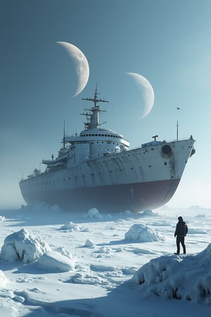 An icy planet with two moons, featuring a large, dilapidated spaceship sitting on the ice, with icicles scattered around. The ship appears to have been abandoned for a long time. A probe approaches and photographs the scene, capturing the desolate and eerie atmosphere.