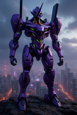 Futuristic Eva Unit-01, a colossal purple and black robot with green accents, designed by Eddie Del Rio. Set against a hazy night landscape of The Iron Islands, featuring a city skyline illuminated by neon lights. The scene is captured in a sci-fi art style with a seapunk aesthetic, using an 80mm lens. The robot stands majestically, casting a powerful shadow over the D&D-inspired terrain.,an evanglion mecha 