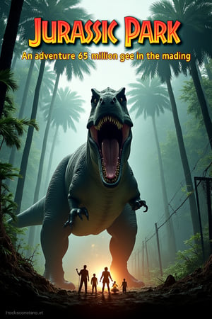 A gigantic, fearsome T-Rex stands front and center, baring his sharp teeth and roaring in a powerful stance. In the background, the dense, misty jungle of Isla Nublar is depicted, surrounded by towering palm trees and vines. In the distance, a dilapidated electric fence sparks ominously, suggesting chaos. In the foreground, a group of tiny, frightened humans look up at the dinosaurs in amazement. The title, JURASSIC PARK, appears in classic bold red and yellow letters at the top, with the tagline An adventure 65 million years in the making in smaller white letters at the bottom. HDR, super-resolution, photorealistic movie posters.