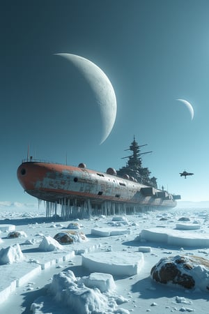 An icy planet with two moons, featuring a large, dilapidated spaceship sitting on the ice, with icicles scattered around. The ship appears to have been abandoned for a long time. A probe approaches and photographs the scene, capturing the desolate and eerie atmosphere.