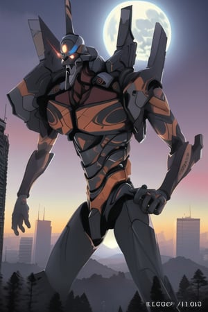 Digital art of a monstrous Evangelion Unit 01 towering above San Francisco, just after dusk, with a super huge moon in the background. High contrast, stark brush strokes by WLOP. Ultra-wide angle lens (1.4) captures the immense scale of the Evangelion mecha, with a Jack o' Lantern-inspired design. Realistic, photorealistic details, HDR, ultra-high resolution. The bottom of the poster reads Evangelion Unit-01 in bold white font.