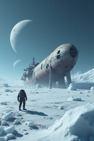 An ice planet with two full moons, featuring a large, dilapidated spaceship on the ice in the background, with icicles scattered around. The ship appears to have been abandoned for a long time. A probe approaches and photographs the scene, capturing the desolate and eerie atmosphere.