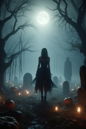 A full-body shot of a lonely girl in a misty cemetery under a full moon. She wears an elegant, intricate Halloween outfit, her mysterious expression capturing the eerie atmosphere. Twisted dead trees and ghostly apparitions hover above old, weathered gravestones. Light fog and twinkling candles enhance the chilling, elegant scene.