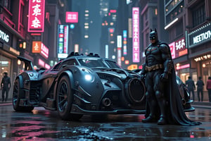 Batman stands confidently in front of a sleek Black Batmobile. The car is parked on a futuristic city street, glowing with vibrant neon signs in pinks, blues, and greens, which reflect off the wet pavement. The bustling, cyberpunk atmosphere surrounds them, with electric energy filling the scene, highlighting both the man and his high-performance car as the center of attention.