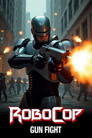 Robocop is firing at terrorists inside a building with his gun, trying to subdue them. The terrorists are also firing at Robocop en masse, making it a very intense battle scene. (((ROBOCOP is written in a bold, stylish, mean font at the bottom of the front of the poster. Beneath that, in slightly smaller letters, GUN FIGHT is written in a white font.))) HDR, Ultra-High Resolution, Photorealistic. Close-up shot, dramatic lighting, centered composition, intense atmosphere, dark and moody colors.