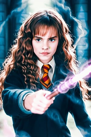 1girl, Hermi_1, Hogwarts School uniform, long wavy hair, swirling purple energy around her, Harry Potter wand in hand, dynamic action shot, smoke billowing from wand, intense magical battle, dramatic lighting, mid-shot framing, detailed facial expression, Hogwarts courtyard background.